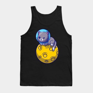 Cute Astronaut Cat Sitting On Moon Cartoon Tank Top